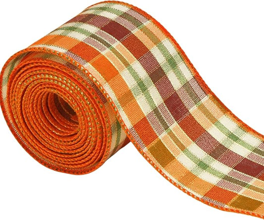 Meseey 1.5 Inch x 10 Yards Orange Green Burgundy White Plaid Wired Ribbon, Fall Tartan Check Wired Edge Ribbon for Wreaths, Bows, Gift Wrapping, Thanksgiving & Halloween Decor(Burgundy/Orange)