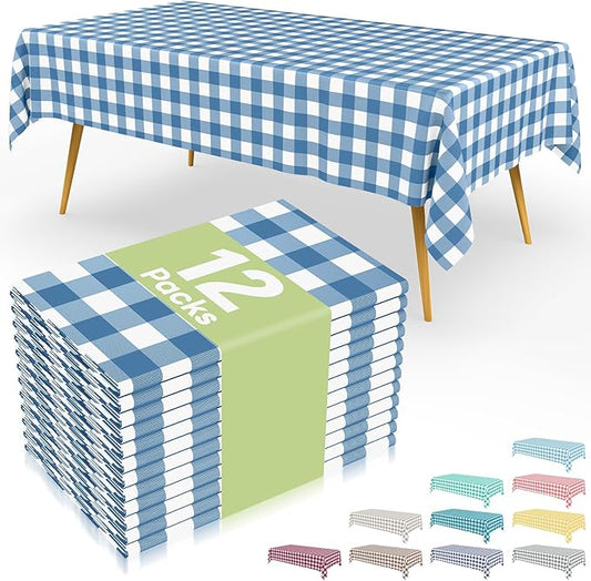 Smiry 12 Packs Gingham Disposable Table Cloth, 54 x 108 Inch Waterproof Plastic Tablecloth, Rectangle Aqua and White Checkered Table Covers for Picnic, Birthday, Party