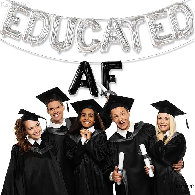 KatchOn, Silver Black Educated AF Balloons Banner - 16 Inch | Educated AF Grad Balloon for 2026 Graduation Decorations | Silver Black Graduations Balloon for Graduation Decorations 2026