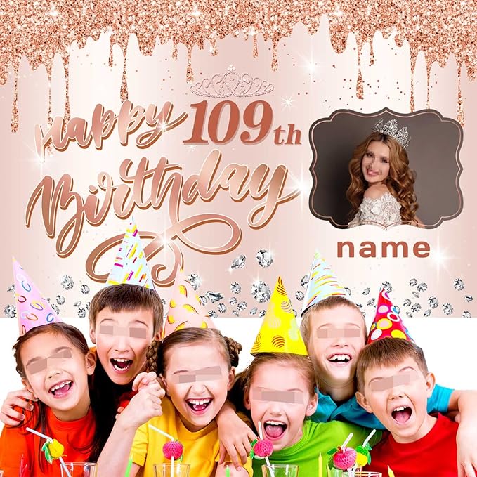 Customizable Rose Gold Happy 109th Birthday Decoration Banner - Personalized with Name and Photo