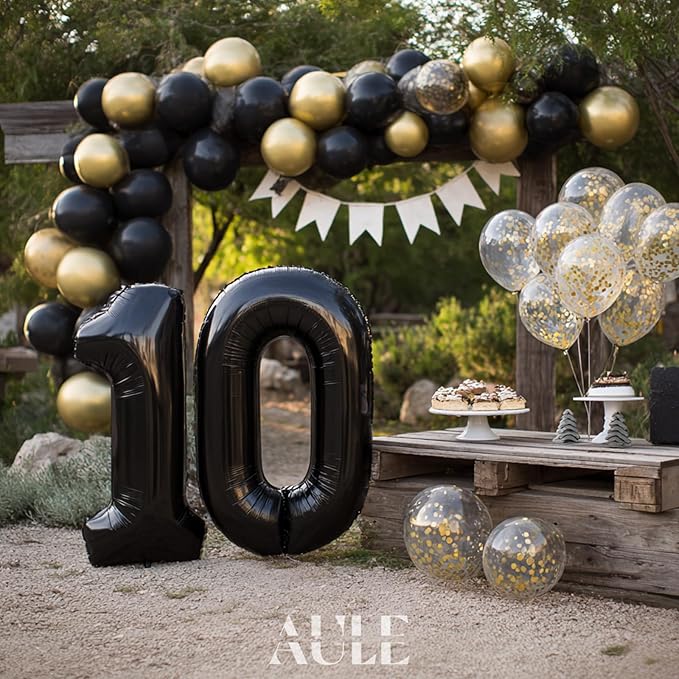 AULE 40 Inch Large 10 Balloon Numbers Black, Big Foil Number Balloons, Giant Helium Happy 10th Birthday Party Decorations for Man and Women, Huge Mylar Anniversary Party Supplies