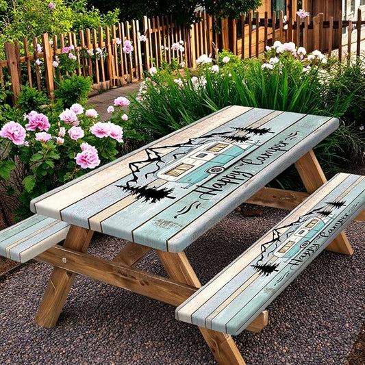 Happy Campers Picnic Table Cover with Bench Covers, RV Camping Tablecloth Fitted Picnic Table Covers, Country Wooden for Rectangle Tables Family Garden Outdoor Party Decorations, 30X72in
