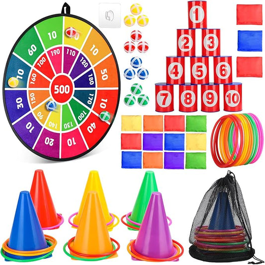 Hungdao 3 Sets Carnival Games Combo Set, Dart Board with Balls Plastic Cones Ring Bean Bags Toss Game for Boys Girls Adults Family Birthday Yard Indoor Outdoor