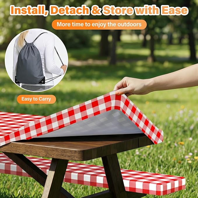 HappyTrends Fitted Picnic Table Cover with Bench Covers - 6FT Dual Layer Waterproof Camping Tablecloth with Windproof Elastic Edging & Bag, Washable RV Camping Accessories (96x30in, Red Checkered)