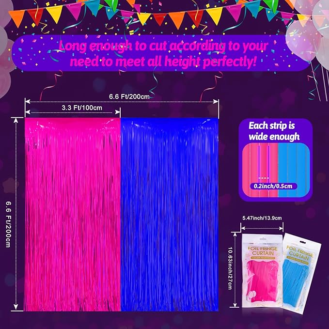Glow in The Dark Party Supplies 2 Pack Neon Party Decorations Fluorescent Tinsel Foil Fringe Curtains Photo Booth Prop Backdrop Streamer Blacklight Decorations (Neon Hot Pink+Neon Light Blue)