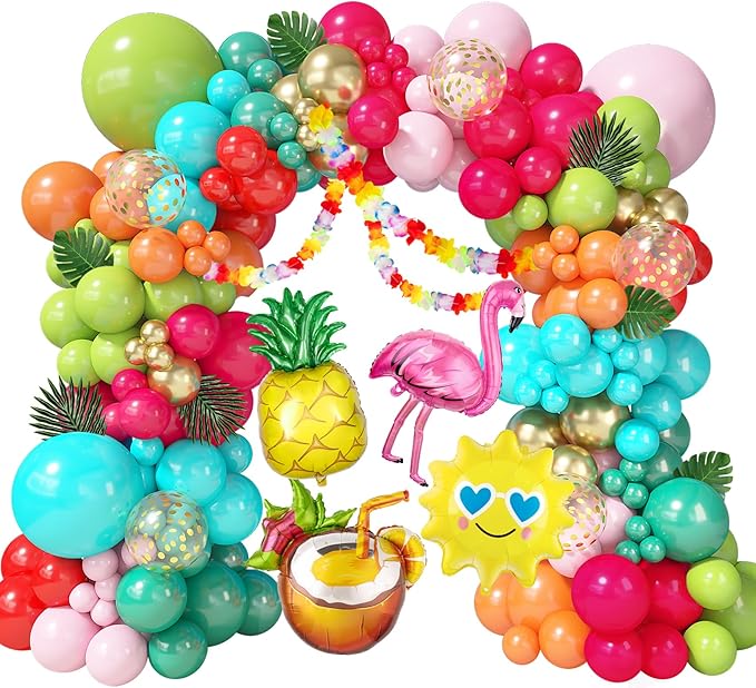 170Pcs Flamingo Tropical Balloon Arch Garland Kit, Hot Pink Olive Green Orange Teal Gold Foil Balloons Palm Leaves Hawaiian Leis for Luau Aloha Summer Beach Pool Birthday Baby Shower Party Decorations