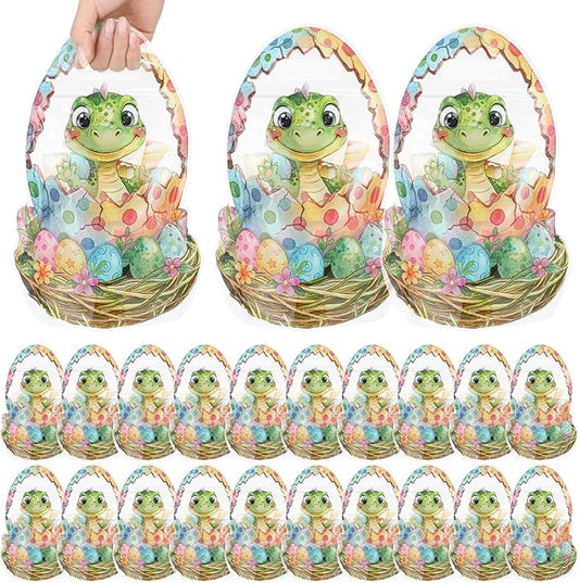 ReliThick 50 Pcs Dinosaur Goodie Bags with Handles, Sealed Plastic Dinosaur Party Favor Gift Bags Bulk Clear Window Dino Egg Candy Treat Pouch for Snack Birthday Baby Shower Decoration Supplies