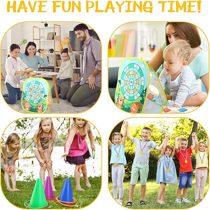 Yunsailing 63 Pcs Carnival Outdoor Games Set for Kids Include Animal Bean Bag Toss Plastic Cones Ring Toss Egg and Spoon Race, Field Yard Lawn Outdoor Game, Gift for Birthday Party