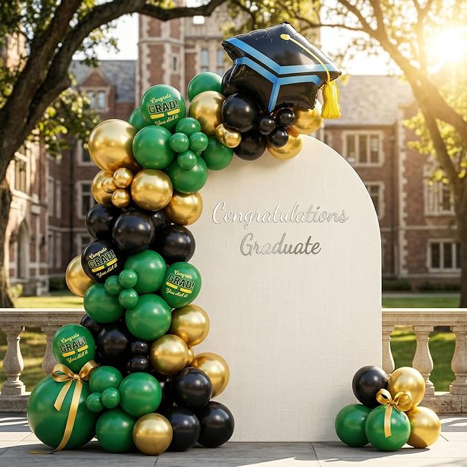 Green Black Graduation Balloons, Dark Green Gold Black Balloons with Cap Foil Grad Printed Balloon for Class of 2026 Graduation Decorations Celebration Party