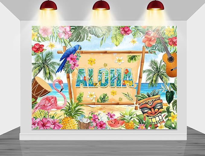 Mocsicka Hawaiian Aloha Party Backdrop Tropical Hawaiian Summer Luau Beach Party Decorations Extra Large for Birthday Mucial Party Baby Shower Photography Background (Greenery, 8x6ft(96''x72''))