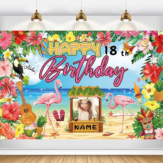 Custom Happy Birthday Banner Flamingo Themed Party Decoration Backdrop Party Supplies Tropical Floral Photo Booth Hawaiian Themed Party Decoration for Luau Beach (4x6ft)