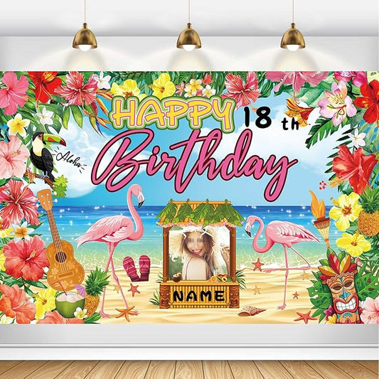 Custom Happy Birthday Banner Flamingo Themed Party Decoration Backdrop Party Supplies Tropical Floral Photo Booth Hawaiian Themed Party Decoration for Luau Beach (4x6ft)