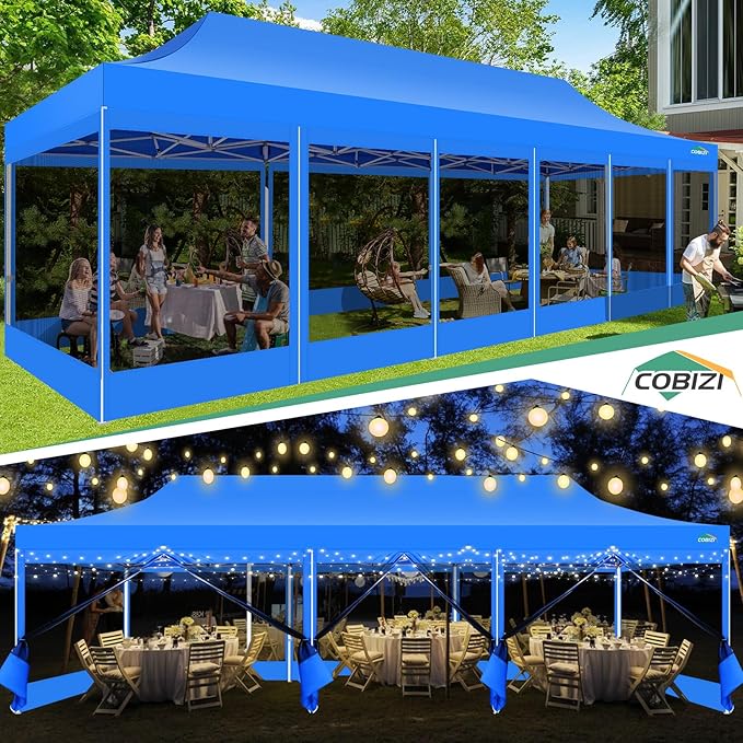 COBIZI 10x30 Pop Up Canopy with Sidewalls, Heavy Duty Canopy with Mosquito Netting, Easy up Screen Party Tents for Parties Backyard Outdoor Commercial Event Gazebo with Roller Bag, Sandbags, Blue