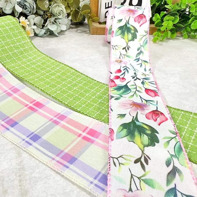 Spring Summer Floral Wired Ribbon, Green Grid Pink Plaid Floral Pattern Craft Ribbon for Wreath Bow Making, DIY Crafts, Gift Wrapping, Party Decorations, 3 Rolls, 2.5Inch, 15 Yards (Green)