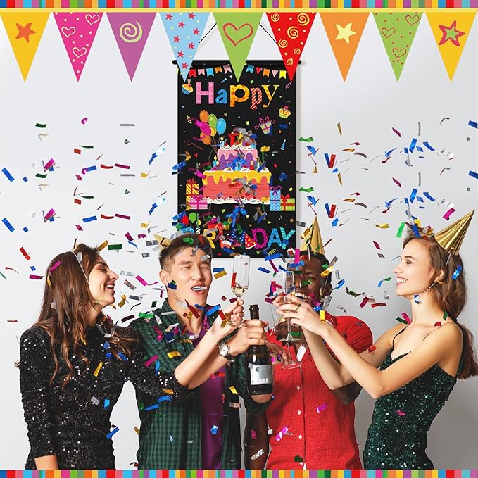Tegeme 3 Pcs Happy Birthday Banner Decor Colorful Happy Birthday Party Door Hanging Decorations Hanging Black Banner Party Supplies for Kids Girls Boys Porch Wall Door Sign