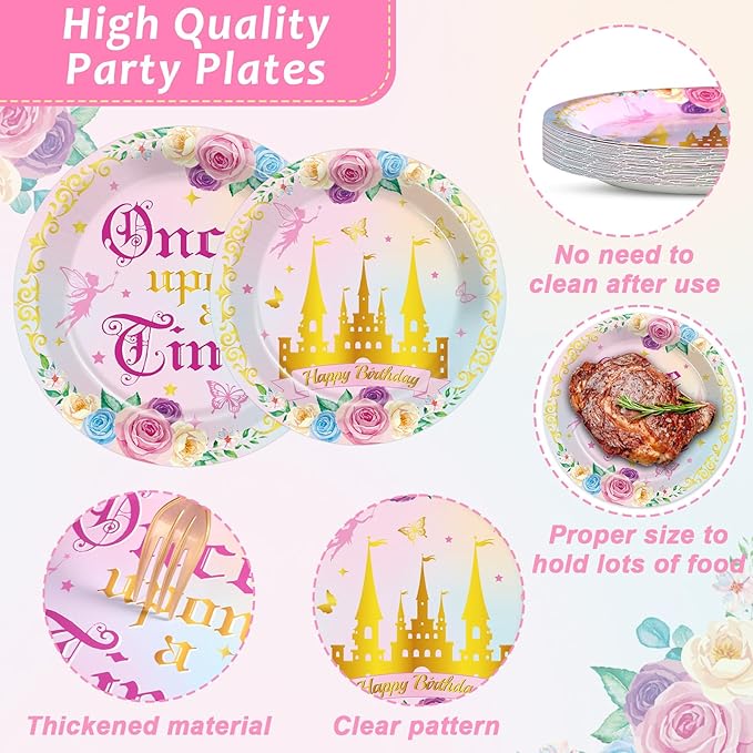 96PCS Princess 1st Birthday Party Supplies Once upon a Time Fairytale Castle Plates and Napkins Pink Princess Party Decors for Girls Pink 1st Onederland Birthday Baby Dinnerware Serves 24 Guests