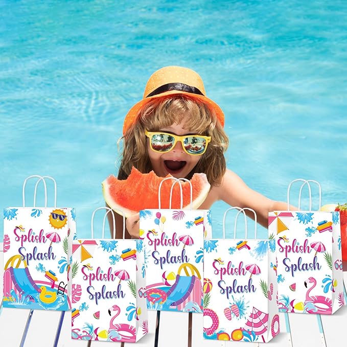 12Pcs Splish Splash Party Paper Bags Splish Splash Birthday Decorations Water Slide Kraft Gift Bags with Handles Pool Birthday Paper Candy Treat Bag for Kids Swimming Bash Hawaiian Luau Party Supplies