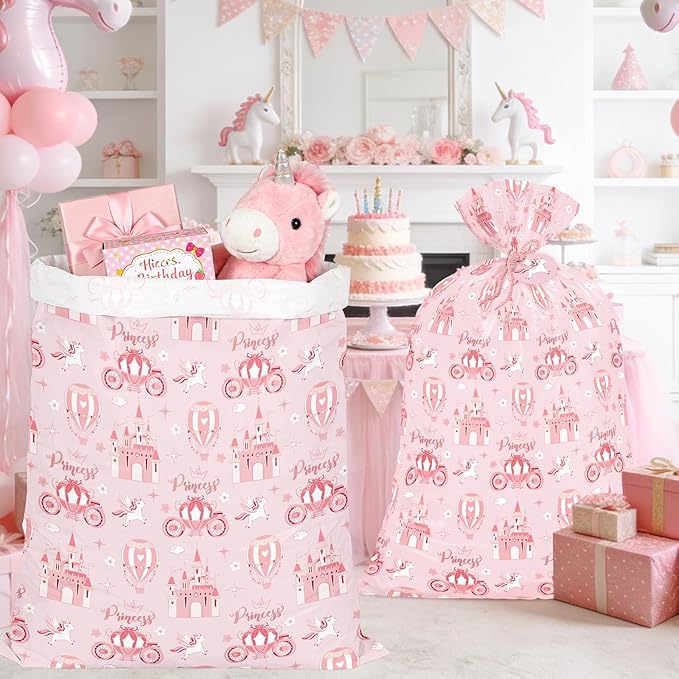WRAPAHOLIC 56" Extra Large Princess Plastic Gift Bag - Princess Castle Design Pink Jumbo Bike Bag Gift Wrap for Kids Girls Birthday and Baby Girl Shower - 56" H x 36" W