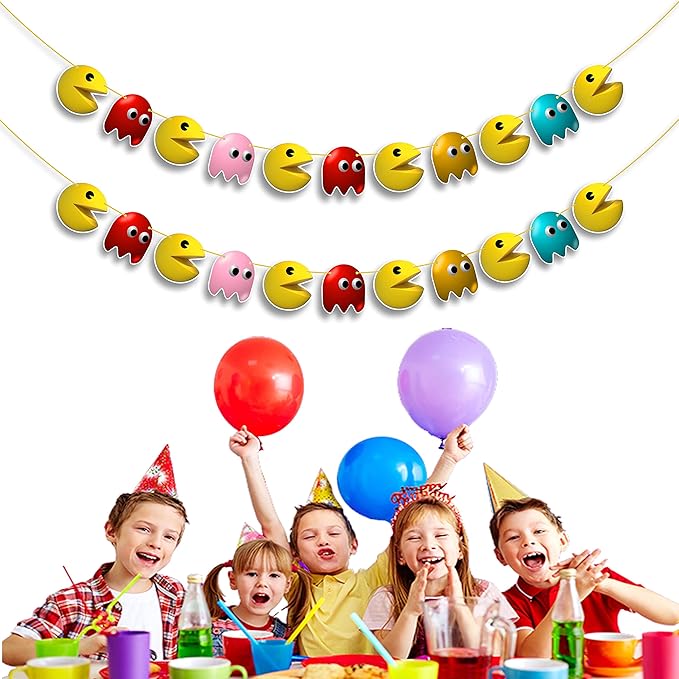 Pacmn Ghost Garland Decoration – Retro Arcade Video Game Themed Birthday Party Supplies – Colorful Ghost Hanging Banner for Adults – Classic 80s Gaming Party Décor for Boys and Girls