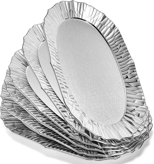 AVLA 6 Pack Plastic Serving Tray, Silver Serving Platter, Reusable Party Snack Serving Tray, Decorative Food Appetizer Platters for Dessert Table, Cupcake, Charcuterie, Cookies, 14" x 8.5"