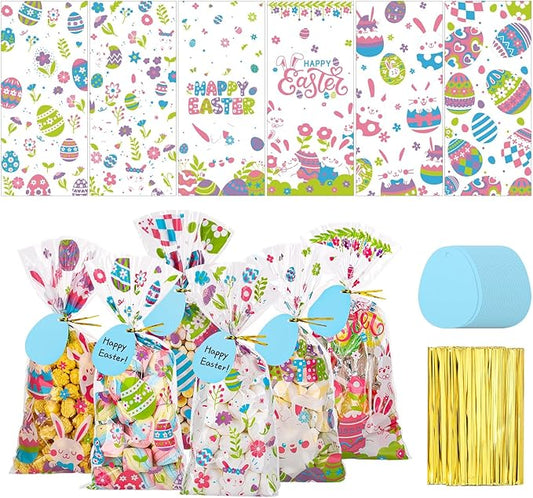 woric 100PCS Easter Cellophane Treat Bags with Gift Tags Easter Bunny Candy Bags Clear Egg Goodie Bag with 100 Twist Ties for Spring Party Favor Supplies