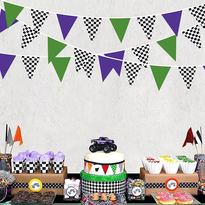 32Ft Monster Truck Party Decorations Purple Green and Black White Checkered Race Car Triangle Flag Pennant Banner Fabric Garland Streamer for Kids Racing Birthday NASCAR Party Baby Shower Decor