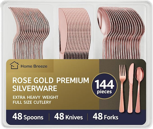 144 Pack Rose Gold Premium Heavy Duty Plastic Silverware, 48 Forks, 48 Knives, 48 Spoons, Perfect for Valentine's Day, Parties, Dinners, Weddings, BPA-Free, Disposable Plastic Cutlery Set Utensils Set