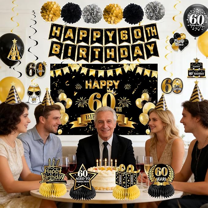 60th Birthday Decorations, Pre-Strung Happy Birthday Banner with Balloons, Backdrop, Honeycomb Centerpieces, Hanging Swirl Streamers, Black Gold Happy Birthday Party Decorations for Men Women