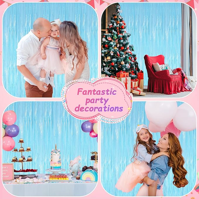 2PCS Macaron Light Blue Party Streamers 3.3x8.3Ft Foil Fringe Backdrop Curtains Tinsel Streamers Birthday Party Decors Fringe for Graduation Wedding, Baby Shower Disco Party Anniversary Streamers