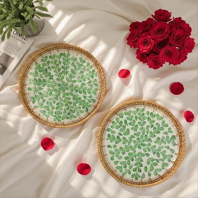 Round Rattan Tray with Mother of Pearl Inlay, Handwoven Wicker Coffee Table Serving Basket Tray for Fruit Snack Party Picnic Cafe Bedroom Kitchen Home Decor Set of 2 (Green Wicker)