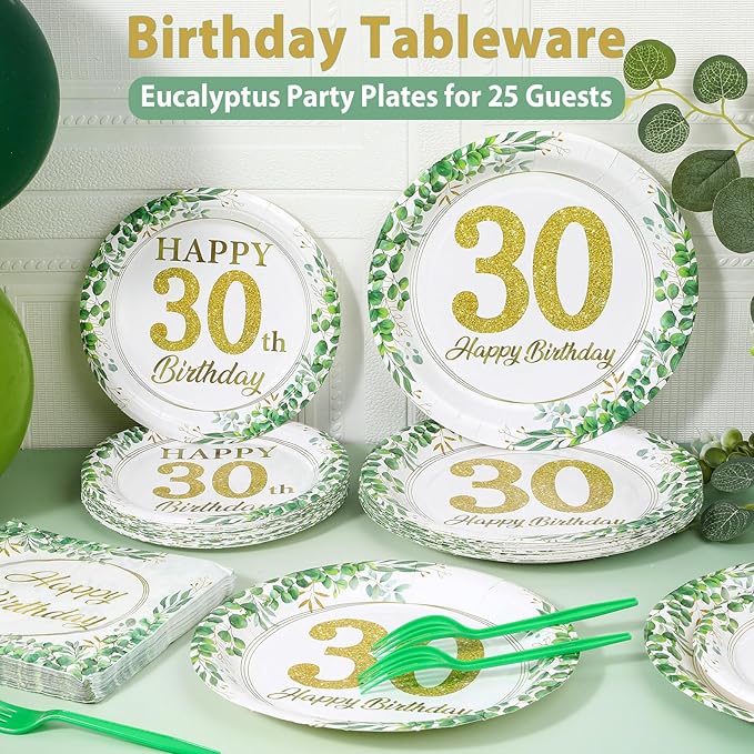 100 Pcs 30th Birthday Decorations Party Tableware Set Greenery Eucalyptus Paper Plates Sage Green Plates Forks and Napkins 30th Birthday Party Decorations for 30 Years Old Women Her Serve 25 Guests