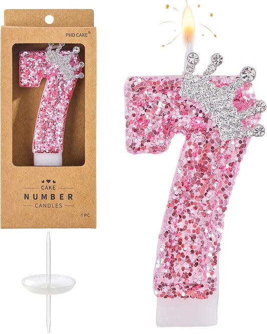 PHD CAKE Birthday Number Candles,Pink Crown Birthday Candles for Cake,Glitter Number 7 Candle Cake Topper with Sequins for Girls,Women, Anniversary Celebrations Supplies