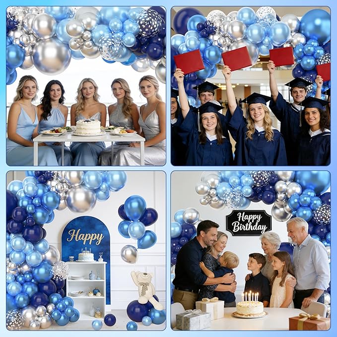 Amandir 153pcs Blue and Silver Balloon Garland Arch Kit, Different Sizes 18 12 10 5 inch Royal Navy Blue Latex Metallic Confetti Balloons for Graduation Wedding Shower Birthday Party Decorations