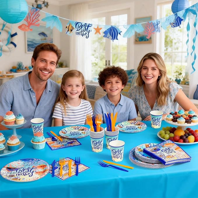 144Pcs Under the Sea Animal Birthday Party Supplies Decorations Paper Plates Napkins Vintage Party Tableware Disposable Tropical Ocean Dinnerware Set for Kids Birthday Baby Shower Table Decor Serve 24