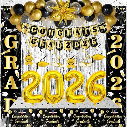 Graduation Decorations Class of 2026, Black and Gold Graduation Decorations, 2026 Graduation Party Decorations with Congrats GRAD 2026 Banner Tablecover Balloons for College High School Nursing