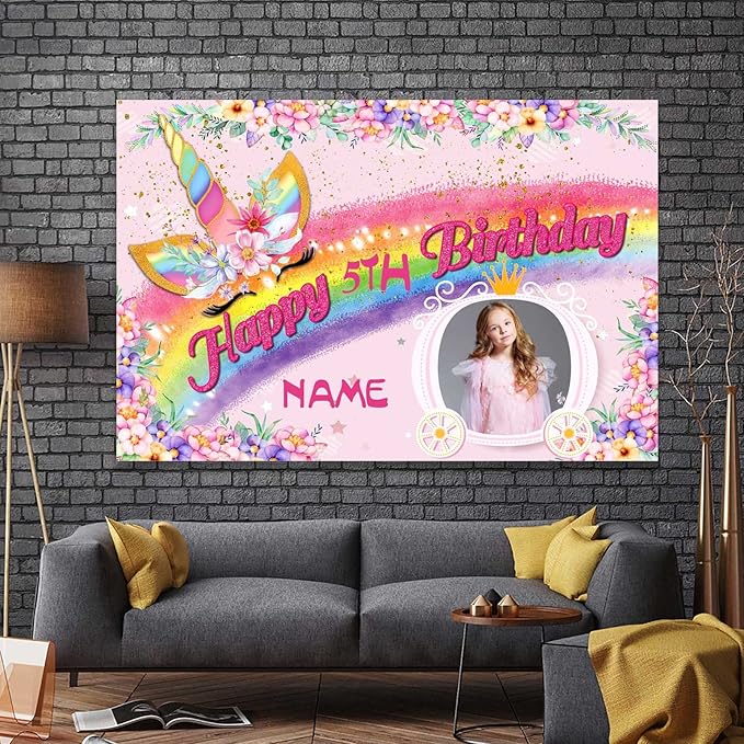 Custom Unicorn Rainbow Happy Birthday Party Decorations Supplies Personalized Unicorn Rainbow Birthday Backdrop Banner(6x9ft)