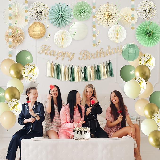 48 Pcs Sage Green Birthday Decorations for Women Girls, Happy Birthday Banner, Cream Neutral Balloons, Tassel Garland, Peach Paper Lanterns, Tissue Pom Poms Fan, Rustic Backdrop Decor