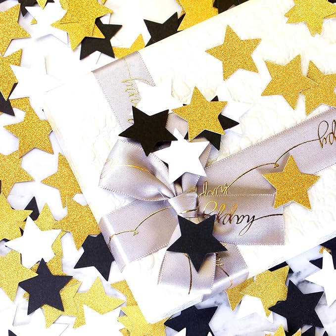 300pcs Black White Gold Confetti,Glitter Paper decor Twinkle Little Star Table Confetti,Birthday Graduation 2025 Fathers Day Wedding Baby Shower Party Decorations Circle Dots Lasting Surprise