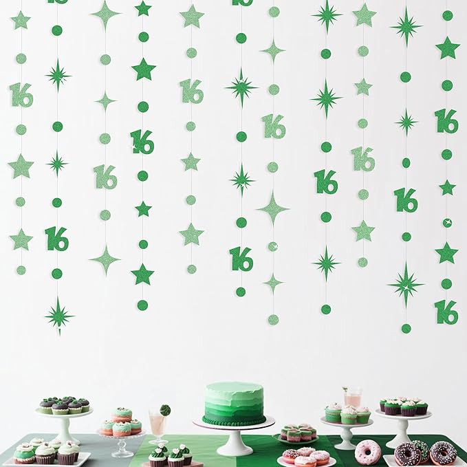 Green 16th Birthday Decorations Number 16 Circle Dot Star Garland Glitter Streamer Banner Backdrop for Girls Boys Sweet Sixteen Cheers to 16 Years Old Birthday 16th Anniversary Party Supplies