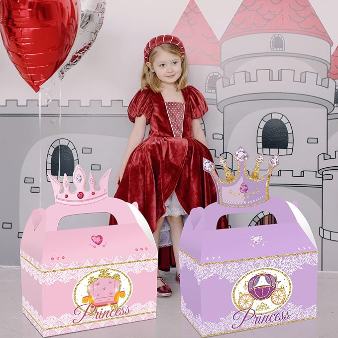 12 Pcs Princess Castle Party Favor Boxes, Little Princess Crown Theme Birthday Party Gift Box, Premium Cardboard Containers with Crown Castle Carriage Prints for Birthday Celebrations