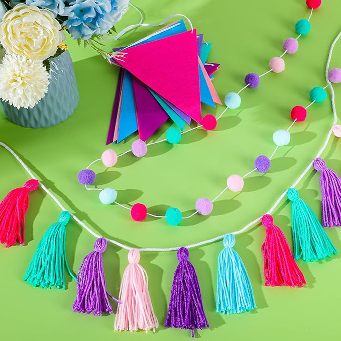 Irenare 9.8 ft Pom Pom Garland Felt Rainbow Garland 2026 Graduation Party Decoration Colorful Pennant Tassel Banner Back to School Birthday Triangle Banner for Classroom School Mantel(Mermaid Colors)