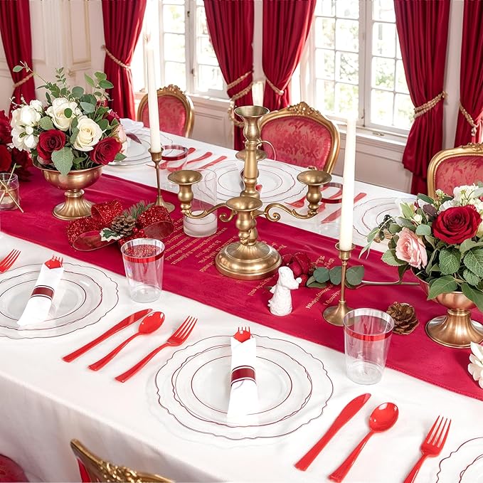 Liacere 400PCS Pre Rolled Red Silverware and Napkin - Disposable Red Plastic Utensils-Wrapped Plastic Cutlery Set with Napkin:100Forks,100Knives,100Spoons,100Napkins for Graduation & Memorial Day