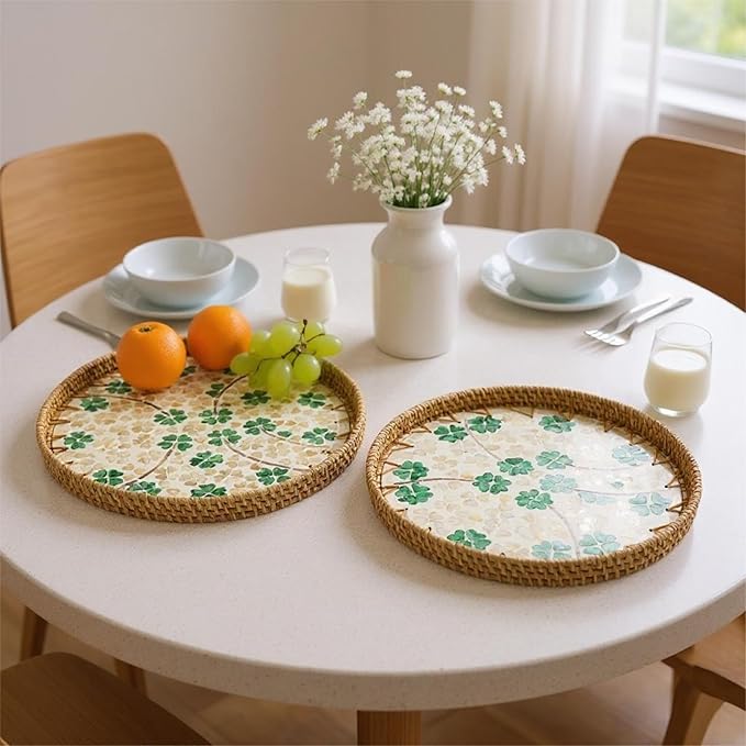 Round Rattan Tray with Mother of Pearl Inlay, Handwoven Wicker Coffee Table Serving Basket Tray for Fruit Snack Party Picnic Cafe Bedroom Kitchen Home Decor Set of 2 (Four Leaf Clover)