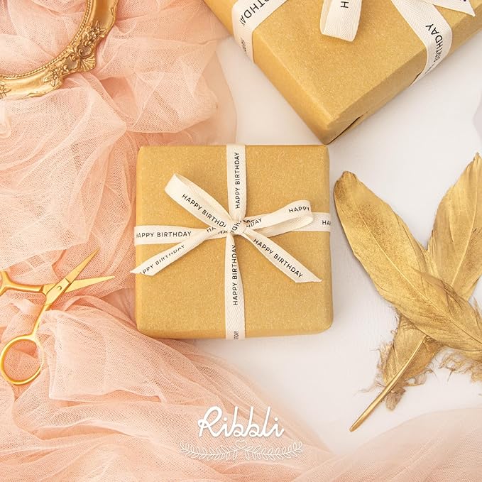 Ribbli Birthday Cotton Ribbon Natural Twill Tape Cotton with Black Happy Birthday Farmhouse Ribbon Use for Gift Wrapping Baking Crafts Home Decor-3/8 Inch x 10 Yard