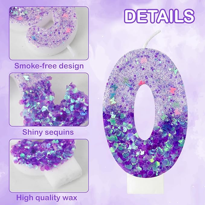 Purple Sequin Birthday Candles, Cake Number Candles, Girls 0th Birthday Decorations, Suitable for Birthday Parties, Anniversary Party Decorations(0)