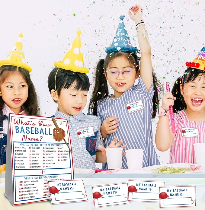 What's Your Baseball Name Game,1 Game Sign and 30 Name Stickers,Baseball Team Party Games， Birthday Game for Kids and Adult Parties,Baseball Activity Decoration Supplies