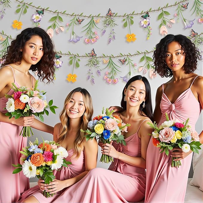 2PCS Flower Banner Reusable Wildflower Garland Floral for Spring Party Enchanted Garden Theme Picnic Wedding Baby Shower Birthday Tea Party Christmas Valentine's Day Supplies Home Decorations