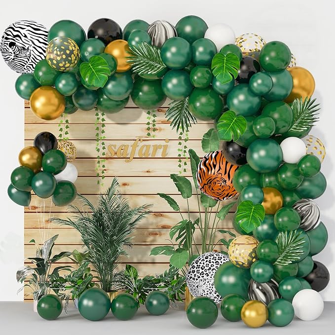 Amandir 152Pcs Jungle Safari Balloon Garland Arch Kit, Gold Dark Green Animal Balloons Artificial Tropical Palm Leaves Decorations Boy Girl Wild One Birthday Party Supplies