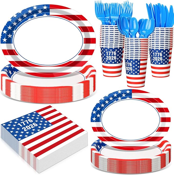 Pajean 350 Pcs 4th of July Party Decorations 12 inch Disposable Patriotic Oval Plates and Napkins Heavy Duty American Flag Paper Tableware Set for 50 Guests 250th Independence Party Supplies