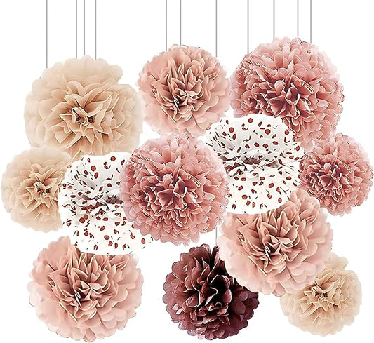XIKSXITN 12 pc Rose Gold Gradient Tissue Paper Pom poms-Hanging Gold Dot White Paper Pom Poms Paper Flowers Ball for Party Decorative(8&10&12 inch)